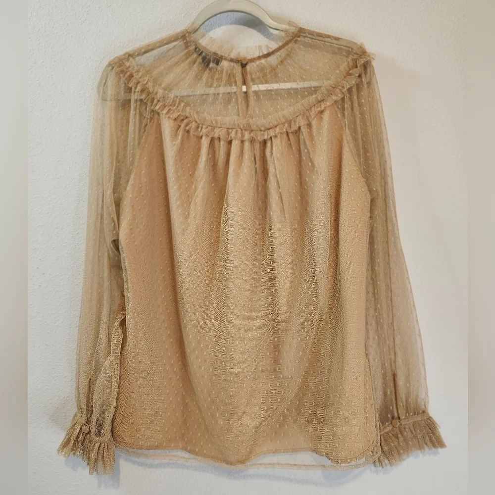 J. Crew Vintage Inspired Ruffle Collar Mesh Blouse In Antique Camel Size Medium - Picture 4 of 8